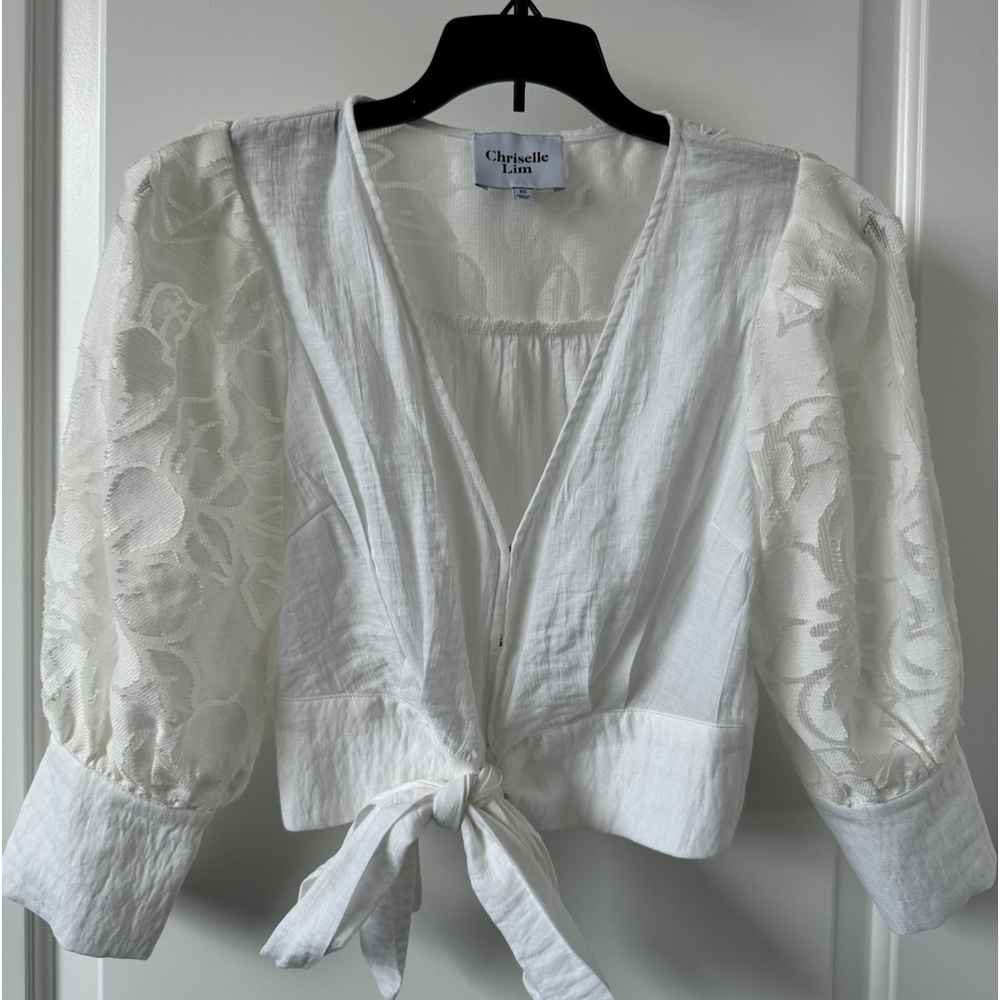 Nordstrom white blouse with embroidered puff sleeve detail & front tie